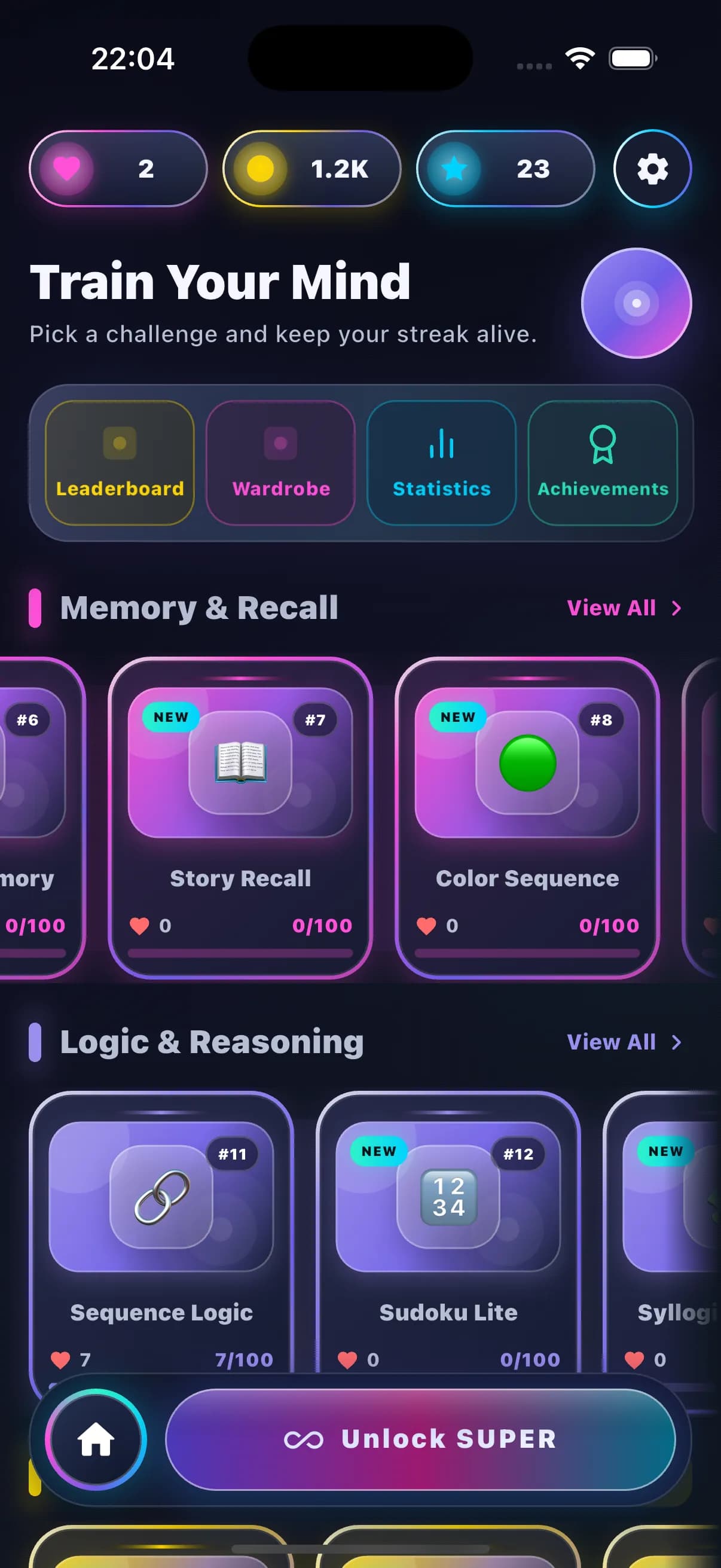 MINDCREST dark dashboard showing resources, cognitive categories, and game progression