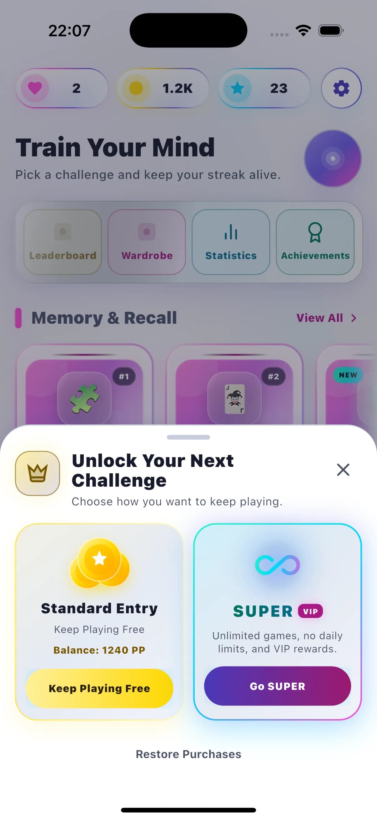 MINDCREST SUPER sheet comparing free entry and unlimited premium access